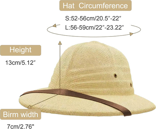 Straw Helmet Pith Bucket Sun Hat Men Vietnam War Army Hat Dad Boater Jungle Safari Explorer Miners Cap (Adjust Chin Cord)