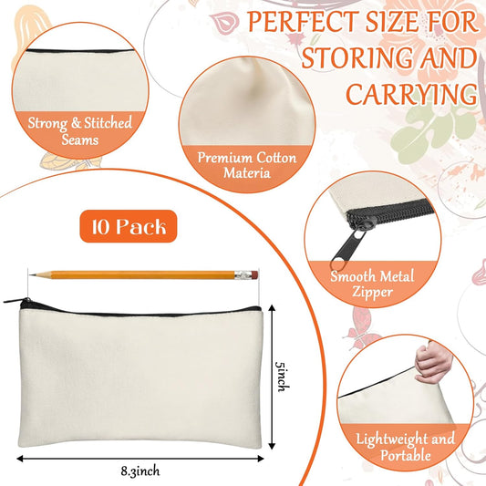Blank DIY Craft Case Blank Makeup Bags- Canvas Pencil Pouch Bulk Cosmetic Bag Multi-Purpose Travel Toiletry Zipper Bags (8.3 × 5 Inch)
