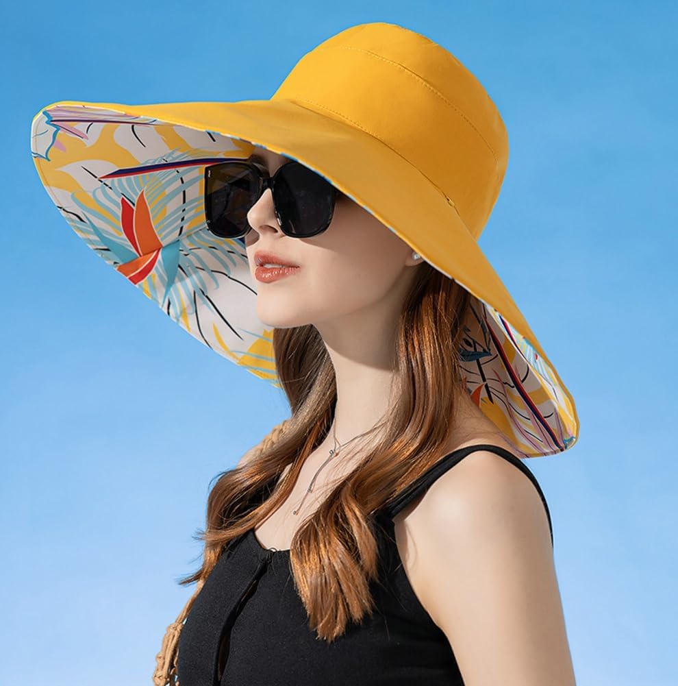 Super Wide Brim Sun Hat for Women Packable Reversible Double-Side-Wear Hats UV Protection Summer Beach Bucket Cap