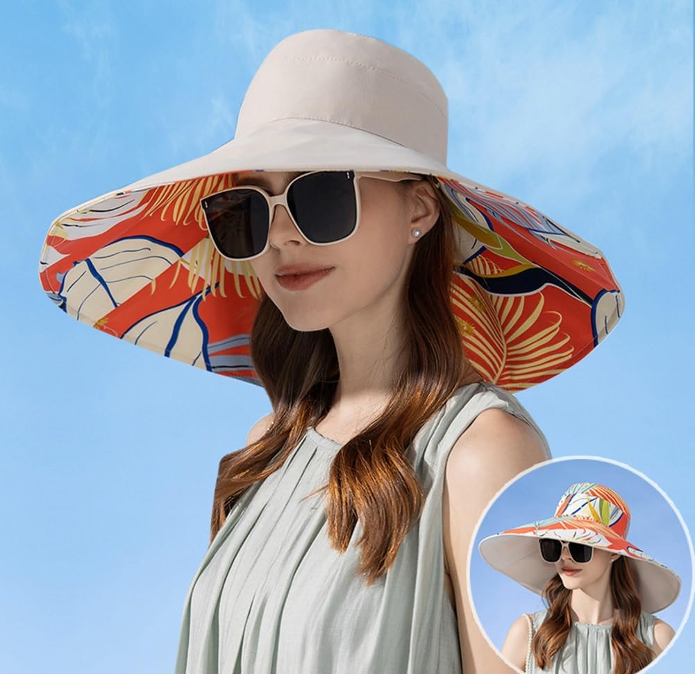 Super Wide Brim Sun Hat for Women Packable Reversible Double-Side-Wear Hats UV Protection Summer Beach Bucket Cap