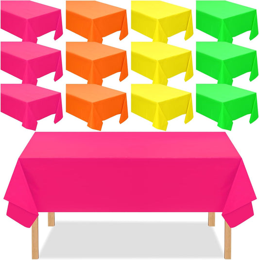 12 Pack Assorted Color Plastic Tablecloth Disposable Rectangle Table Cover Neon Party Supplies or Neon Party Birthday Wedding Picnic Home Decorations(54 x 72 Inch)