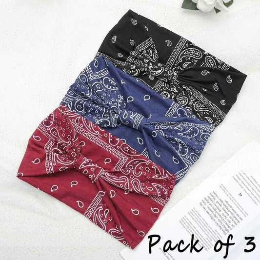 Boho Bandeau Headbands Wide Knot Hair Scarf Floral Printed Hair Band Elastic Turban Thick Head Wrap Stretch Fabric Cotton Head Bands Thick Fashion Hair Accessories for Women 3 Pcs (Elegant)