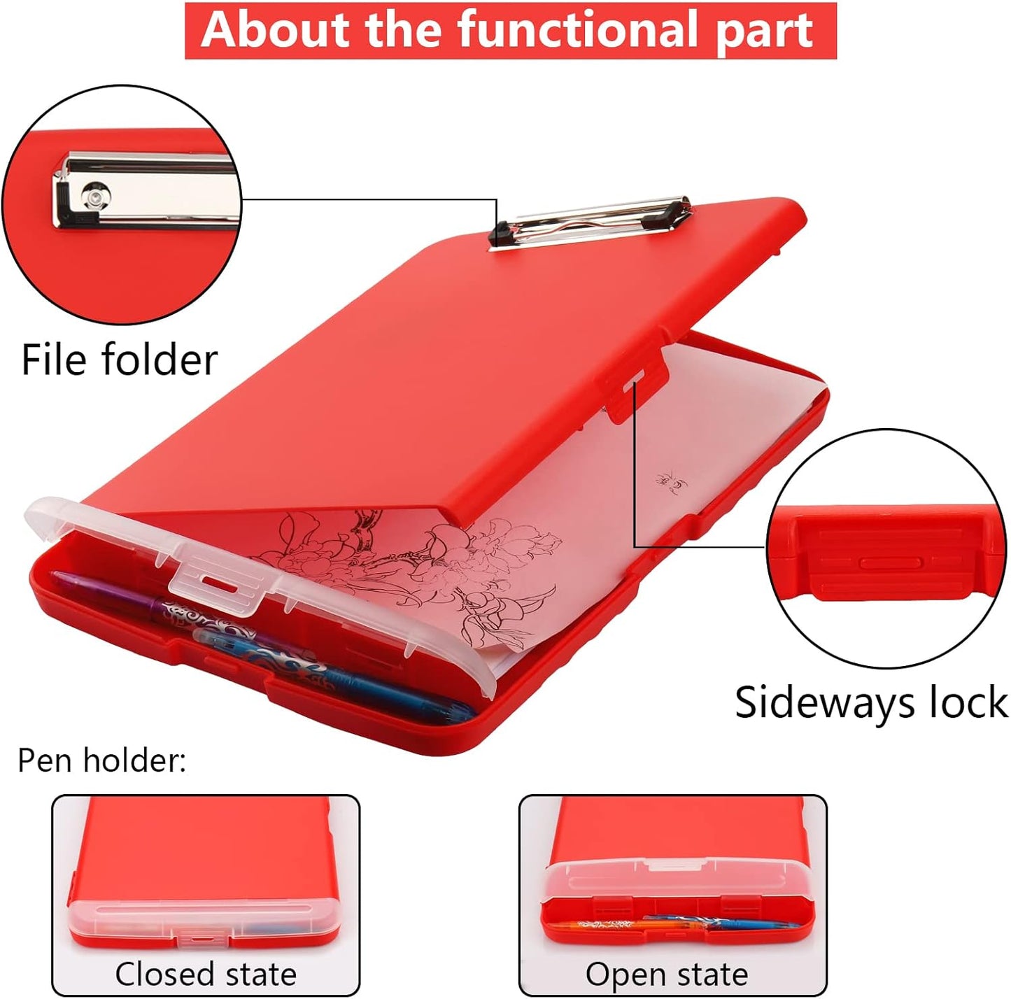 Clipboard with Storage for Office Supplies Clip Boards 8.5x11 with Storage for Nurse,Side Open Nurse Clipboards Foldable Storage Clipboard,Plastic Clipboards with Low Profile Clip Clip Board-Red