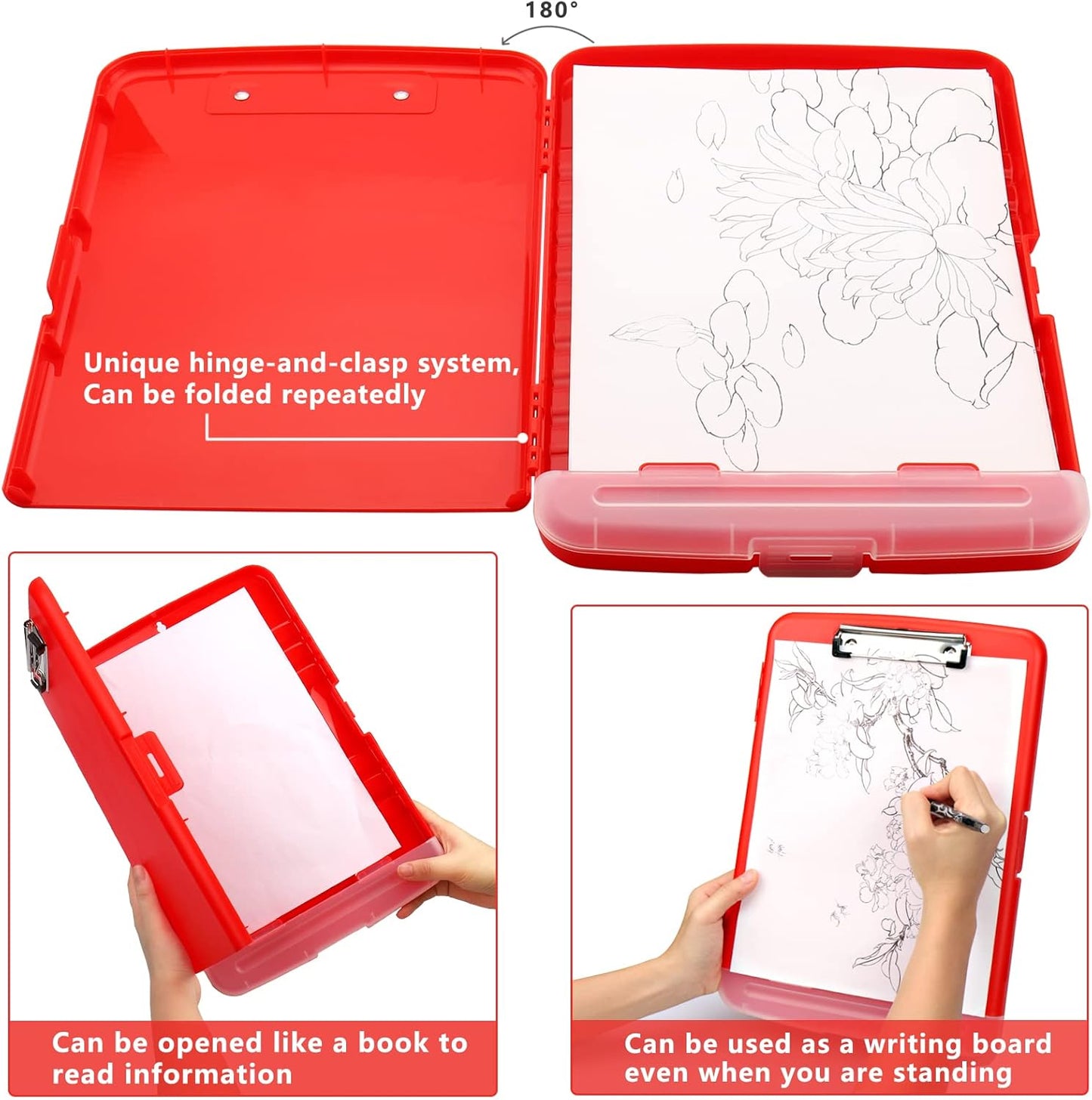 Clipboard with Storage for Office Supplies Clip Boards 8.5x11 with Storage for Nurse,Side Open Nurse Clipboards Foldable Storage Clipboard,Plastic Clipboards with Low Profile Clip Clip Board-Red