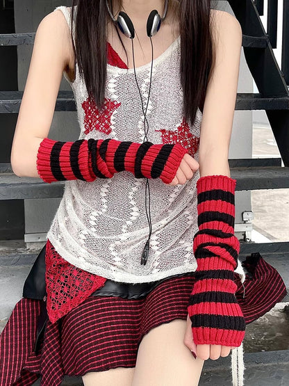 Y2k Striped Arm Warmers Long Fingerless Knitted Gloves Punk Gothic Alt Emo Scene Cool Winter Arm Sleeves Grunge Accessories
