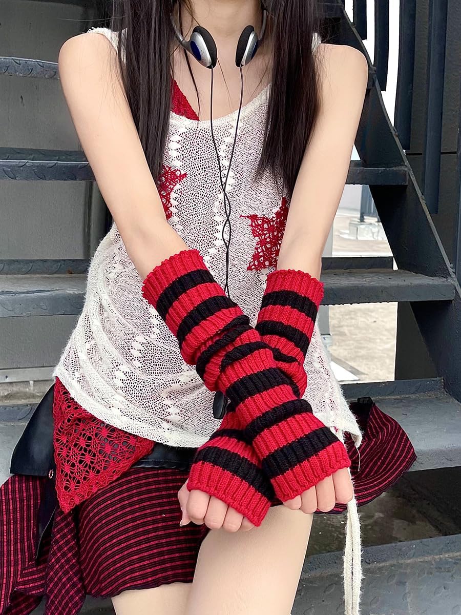 Y2k Striped Arm Warmers Long Fingerless Knitted Gloves Punk Gothic Alt Emo Scene Cool Winter Arm Sleeves Grunge Accessories
