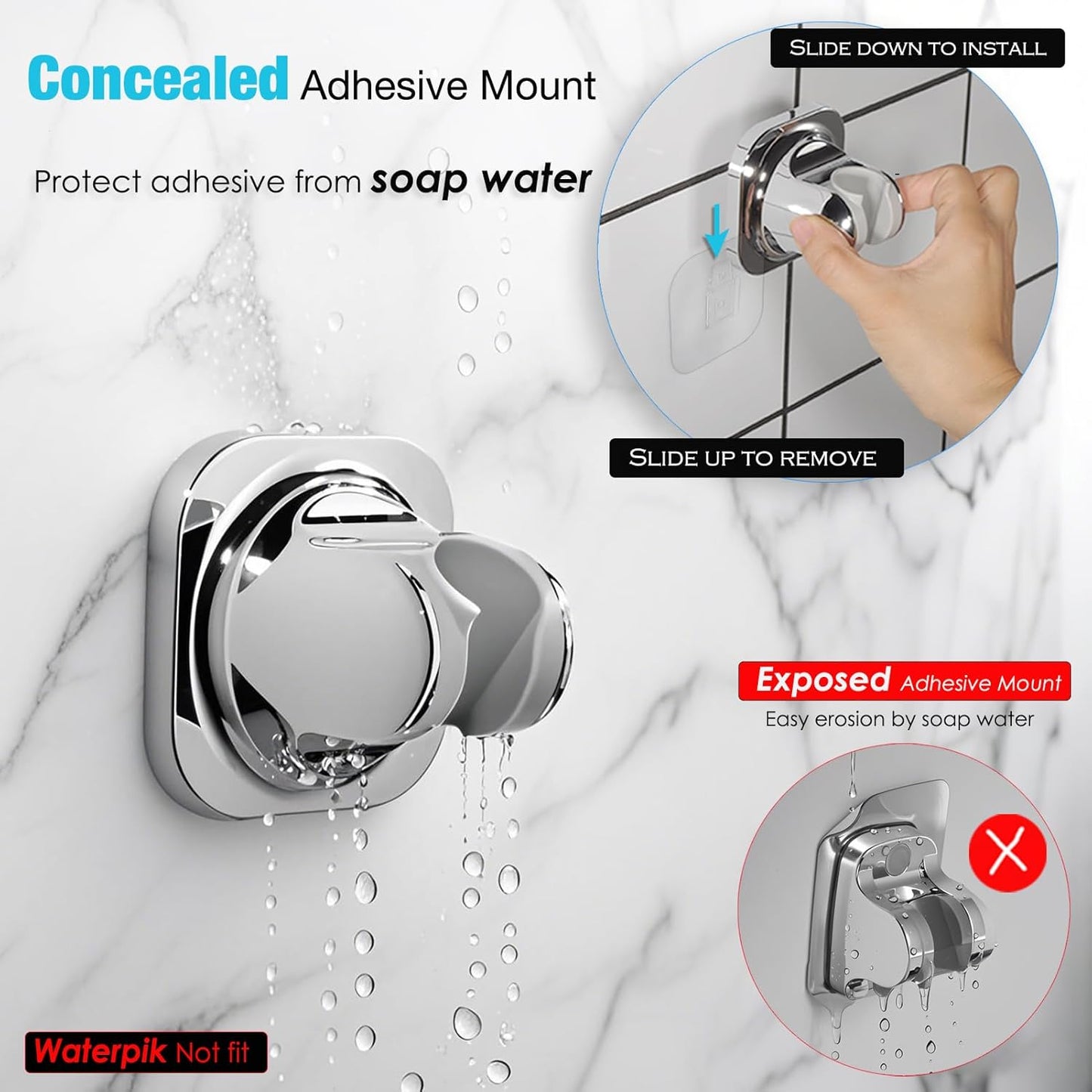 Handheld Shower Head Holder - 5 Angles Adjustable - Concealed Adhesive Mount (Holder Only)