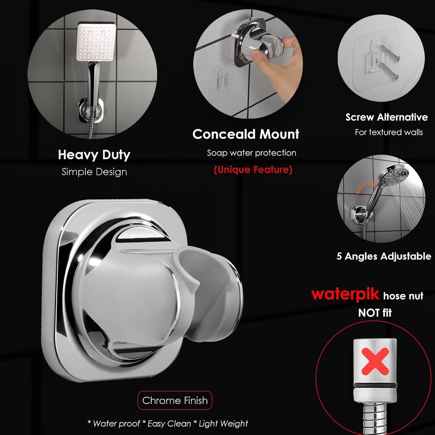 Handheld Shower Head Holder - 5 Angles Adjustable - Concealed Adhesive Mount (Holder Only)