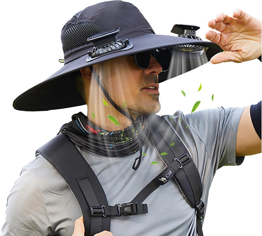 Wide Brim Solar Fan Hat Outdoor 2 Solar Fan Sun Bucket Hat for Men Women Fishing Hat with Removable & USB Charging Fan