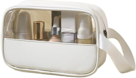 Toiletry Bag for Women Clear PVC & PU Splicing Waterproof Makeup Cosmetic Bag, TSA Approved Portable Travel Organizer for Vacation, Bathroom, Airplane, White