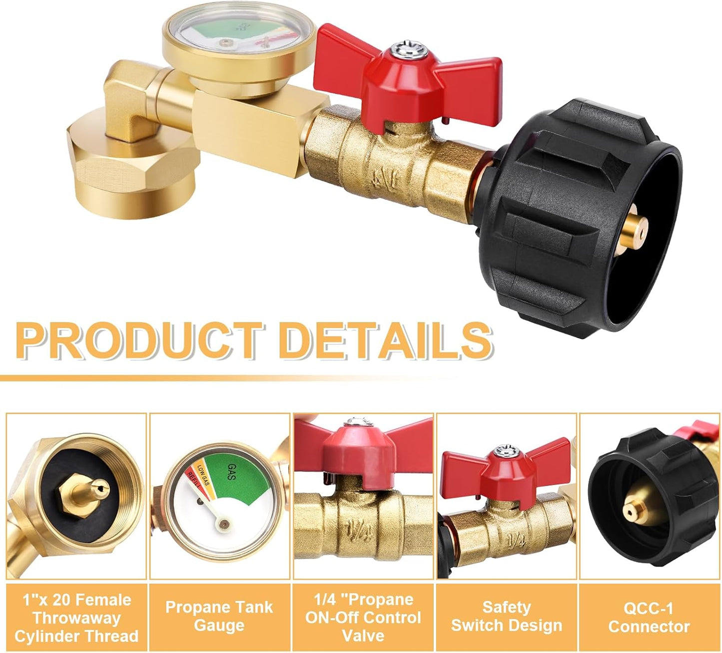 Propane Refill Adapter 20lb to 1lb Camping, Design with Valve and Gauge, Upgrade 90-Degree Elbow Design, Fill 1 lb Bottles from 20 lb Tank, for Propane Heater Grill Stove