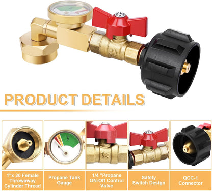 Propane Refill Adapter 20lb to 1lb Camping, Design with Valve and Gauge, Upgrade 90-Degree Elbow Design, Fill 1 lb Bottles from 20 lb Tank, for Propane Heater Grill Stove