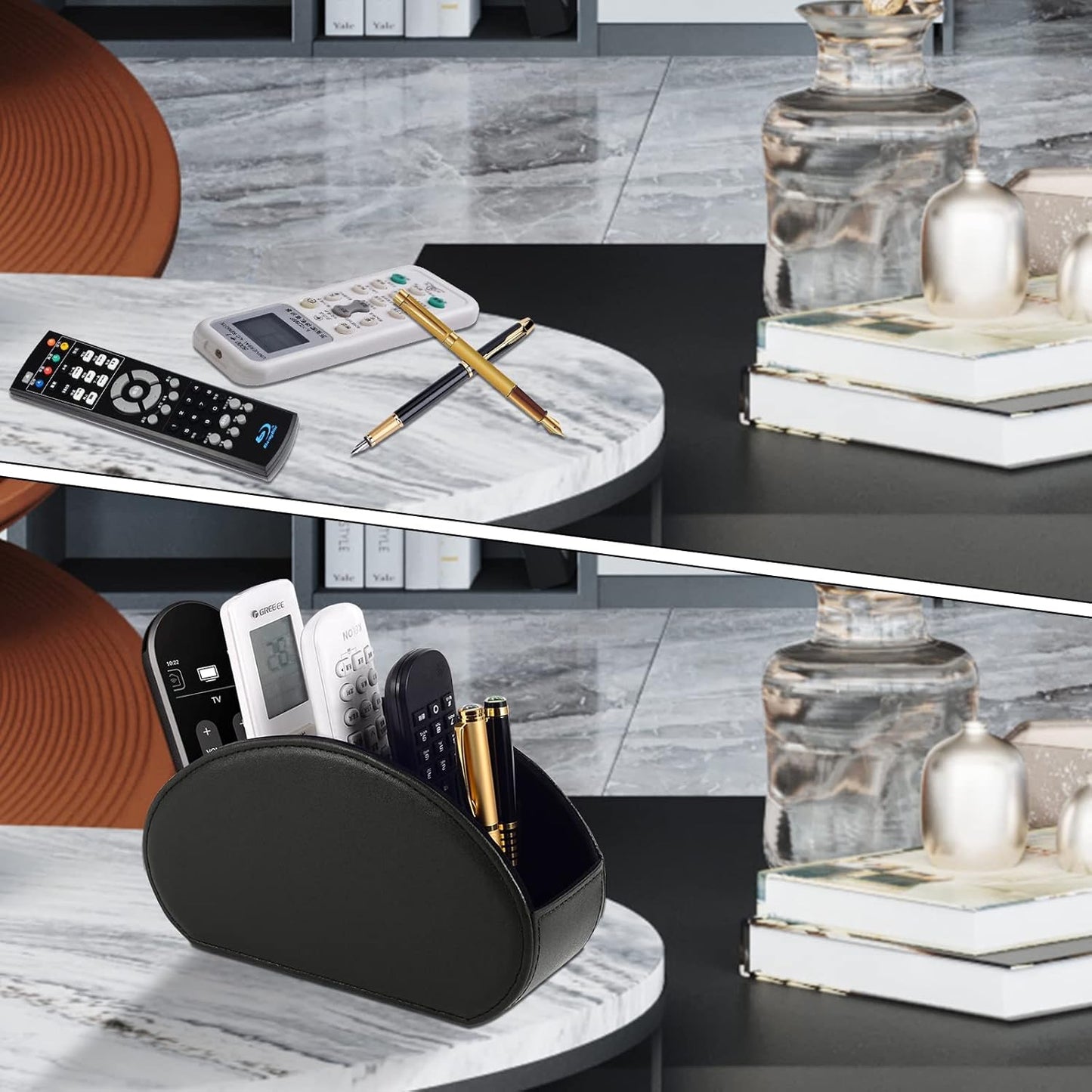 Tv Remote Holder Tray with 5 Compartments,PU Leather Remote Control Holder/Caddy Nightstand Decoration,Placed Media Remote Storage Box/Glasses/Makeup Brush/Office Products/Desktop Organizer (Black)