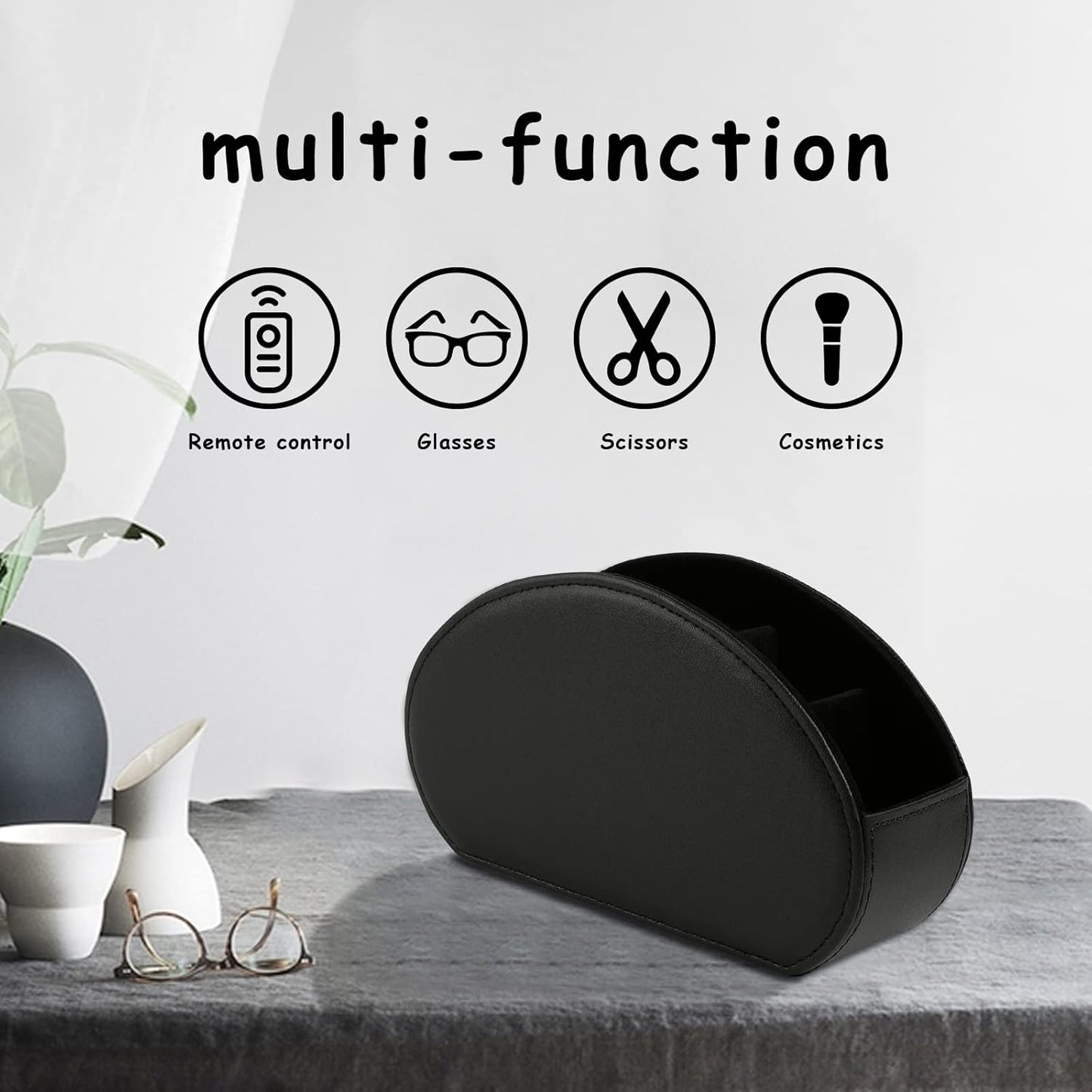 Tv Remote Holder Tray with 5 Compartments,PU Leather Remote Control Holder/Caddy Nightstand Decoration,Placed Media Remote Storage Box/Glasses/Makeup Brush/Office Products/Desktop Organizer (Black)