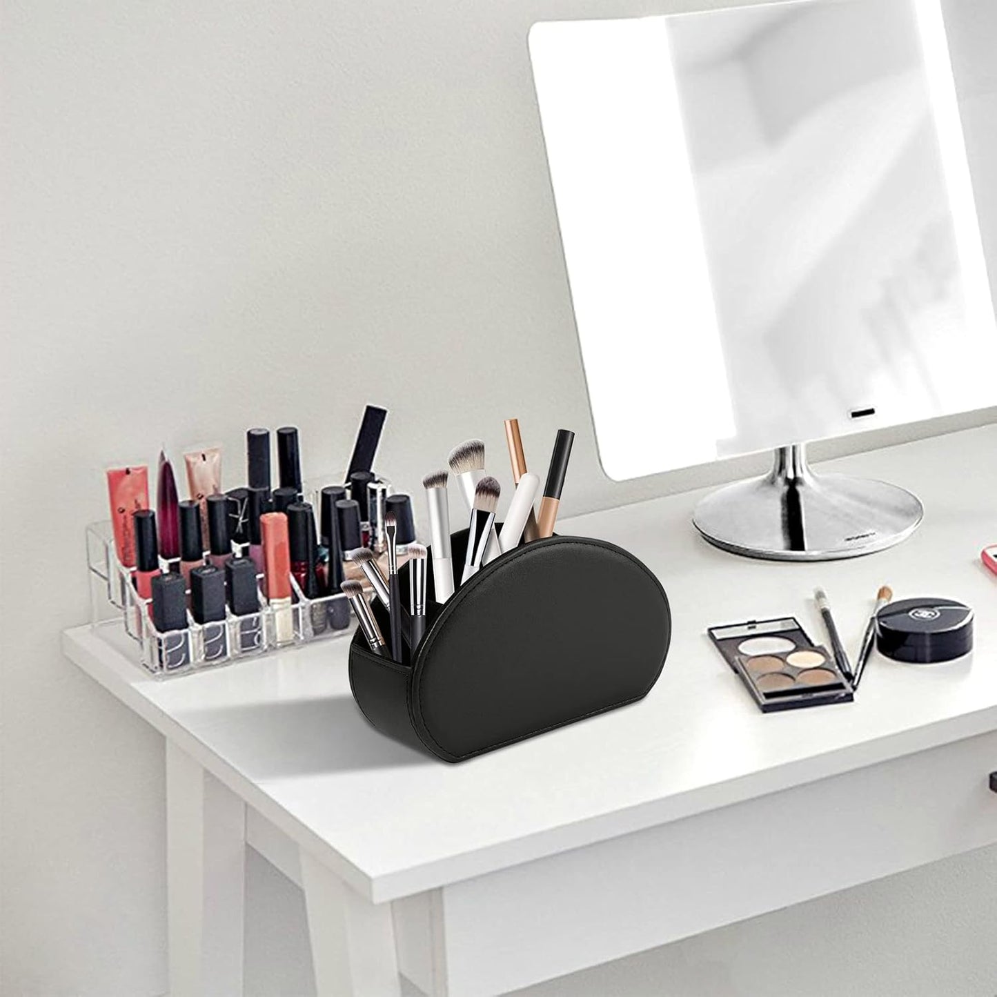Tv Remote Holder Tray with 5 Compartments,PU Leather Remote Control Holder/Caddy Nightstand Decoration,Placed Media Remote Storage Box/Glasses/Makeup Brush/Office Products/Desktop Organizer (Black)