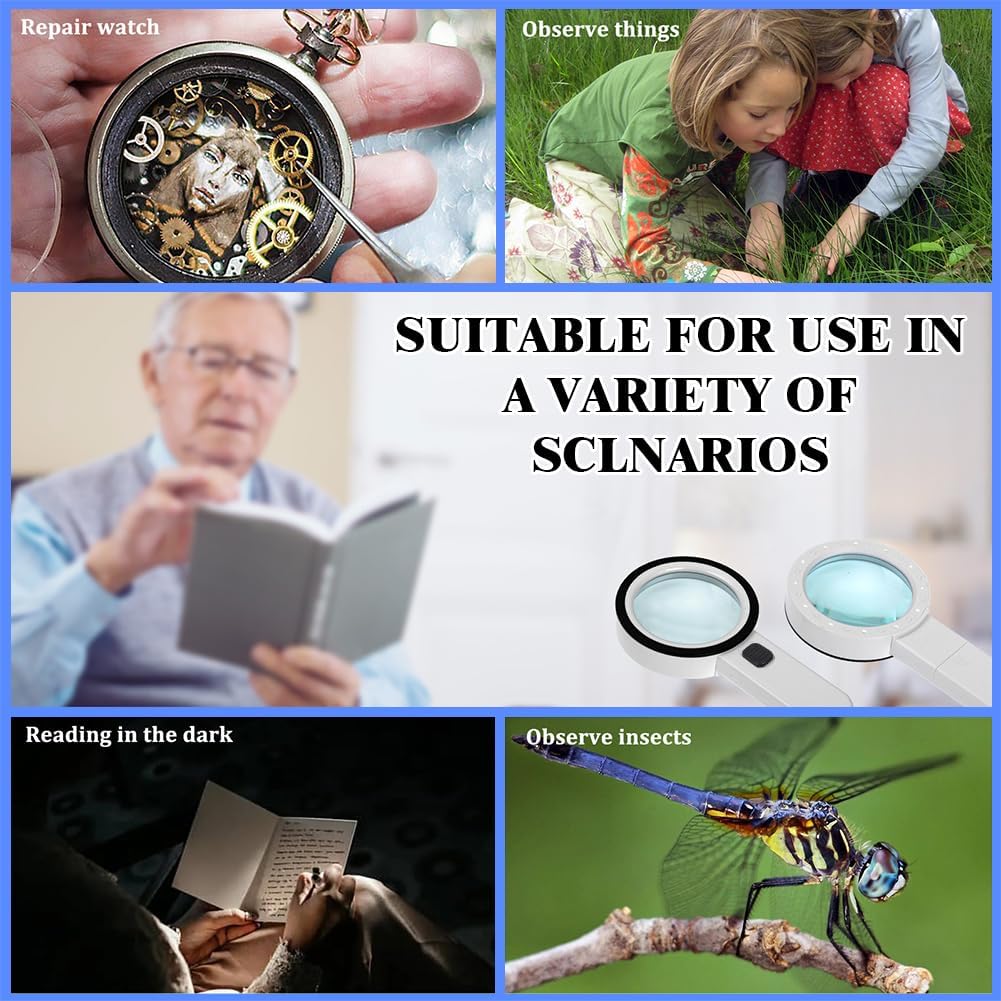 30X Magnifying Glass with Light, 12 LED Illuminated Handheld Magnifier with 8cm Double Glass Lens for Seniors Reading, Crafting, Coins, Jewelry Inspection