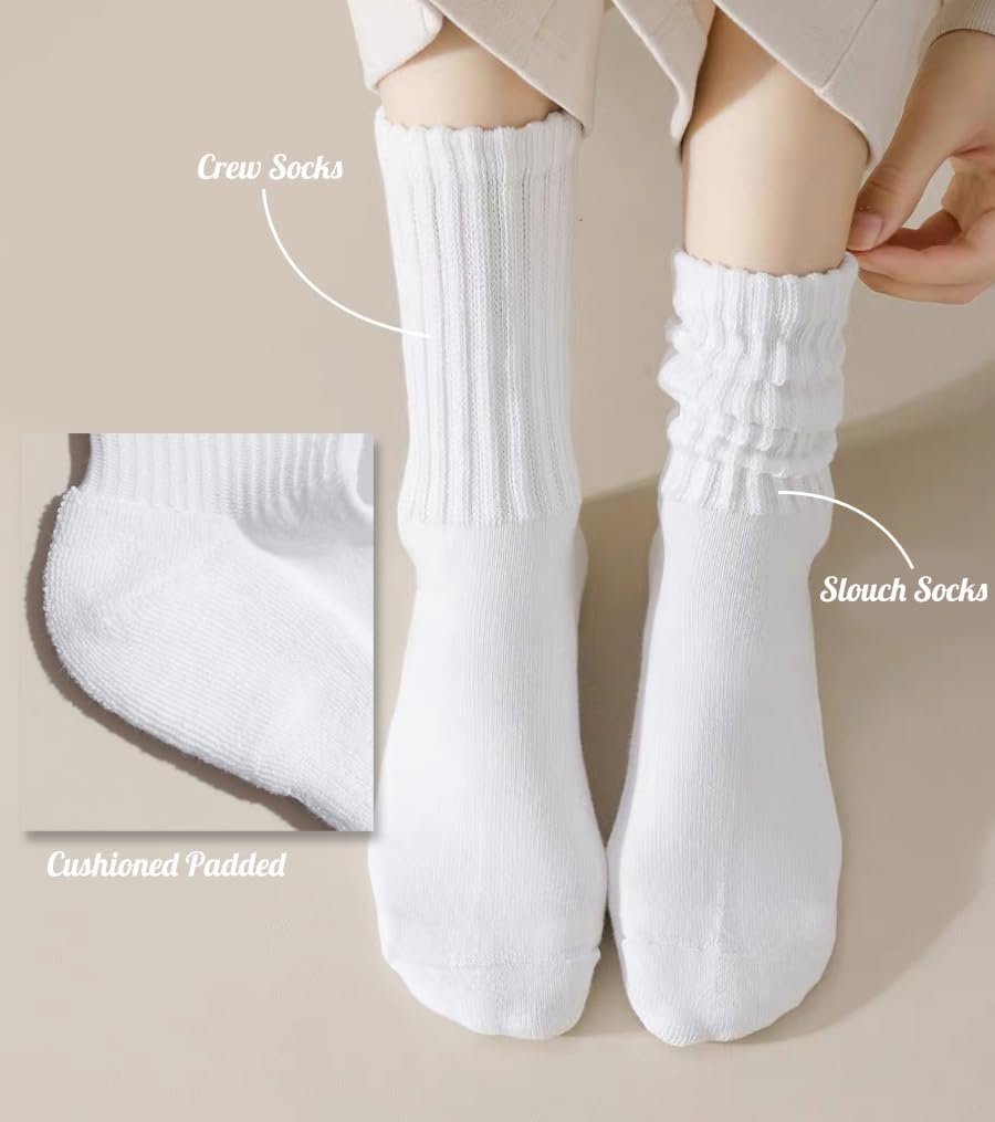 Crew Socks For Women Multipairs Cotton Cushioned Athletic Socks Retro Slouch Socks Mid Calf Rib Tube Socks