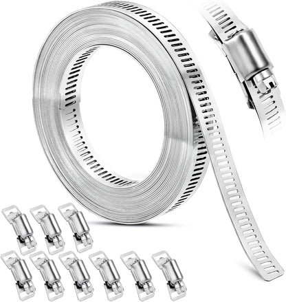 Hose Clamp, DIY 20 FT Metal Strapping with Holes + 9 Fasteners, Hose Clamps Stainless Steel, Large Adjustable Worm Gear Hose Clamps Pipe Clamps Band Clamp for Pipe Automotive Mechanical Applications