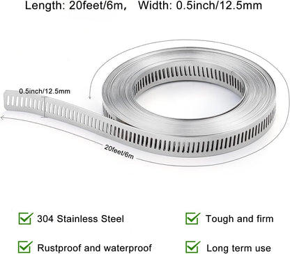 Hose Clamp, DIY 20 FT Metal Strapping with Holes + 9 Fasteners, Hose Clamps Stainless Steel, Large Adjustable Worm Gear Hose Clamps Pipe Clamps Band Clamp for Pipe Automotive Mechanical Applications
