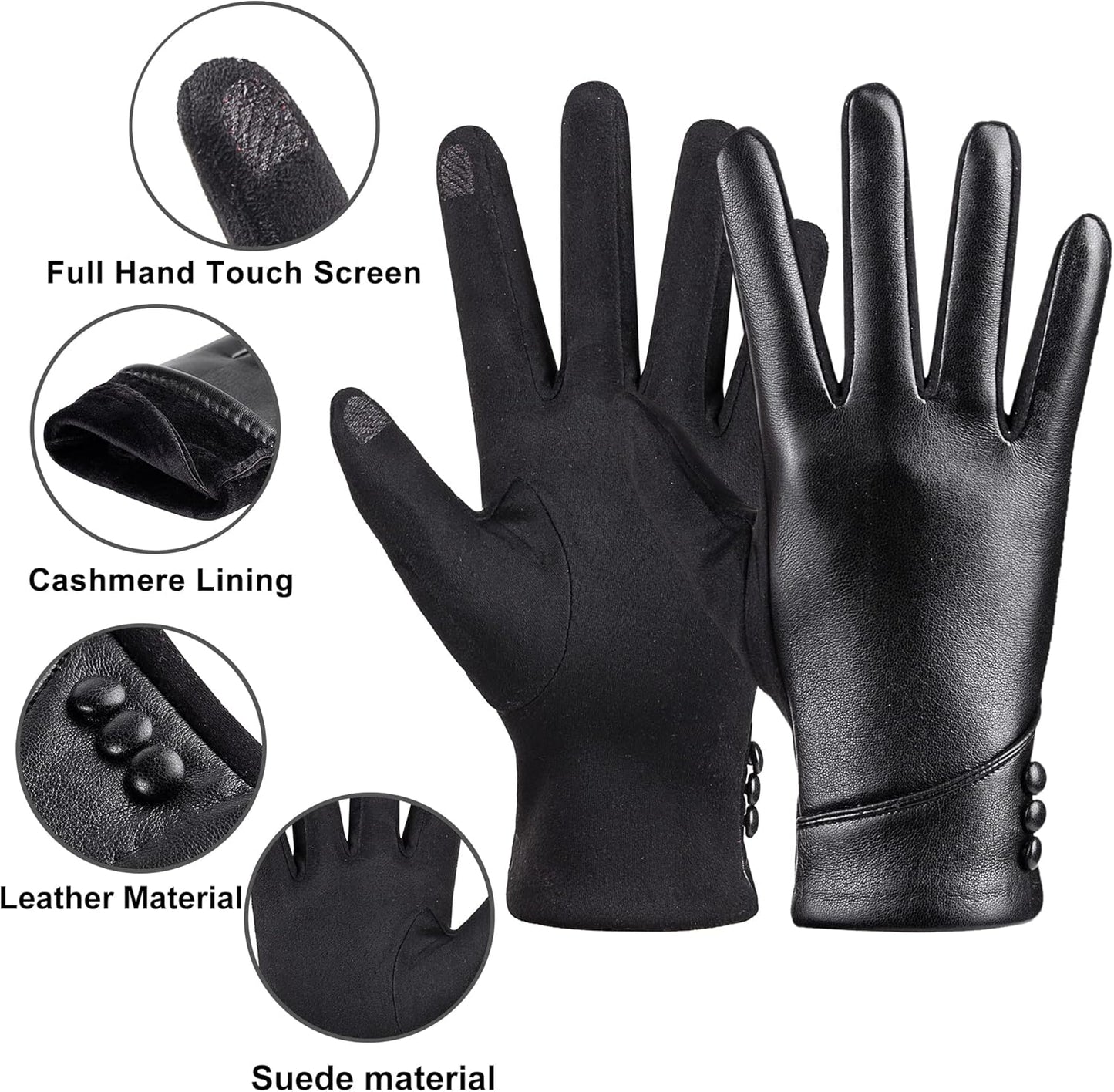 Womens Winter Leather Gloves Touch Screen Wool Lined Windproof Warm Suede Fashion Dress Gloves