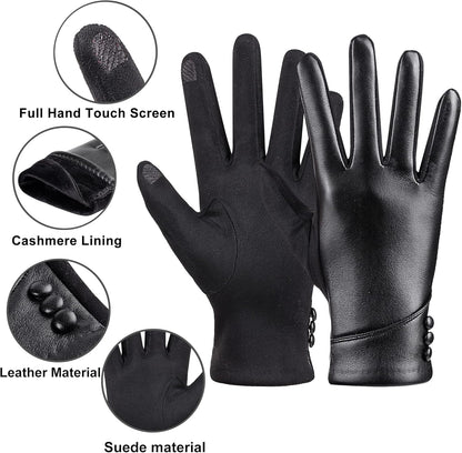 Womens Winter Leather Gloves Touch Screen Wool Lined Windproof Warm Suede Fashion Dress Gloves