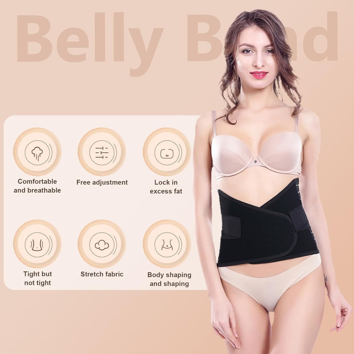 Elastic Postpartum Belly Wrap, Breathable Abdominal Binder, Skin Friendly Post Partum Belly Band, Body Slimming C Section Postpartum Belly Wrap (Black, XX-Large)