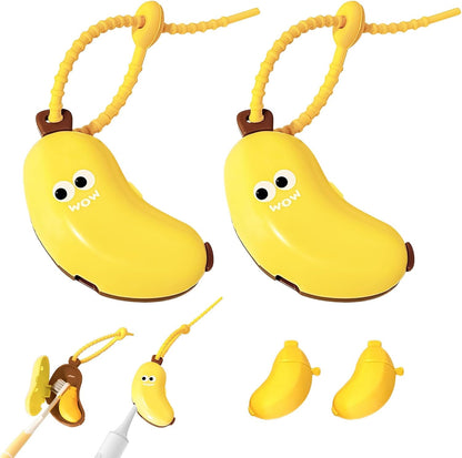2PCS Banana Toothbrush Case, Portable Toothbrush Holder with Silicone Toothpaste Dispenser, Compact Hanging Travel Organizer for Home Camping Outdoor (Yellow)