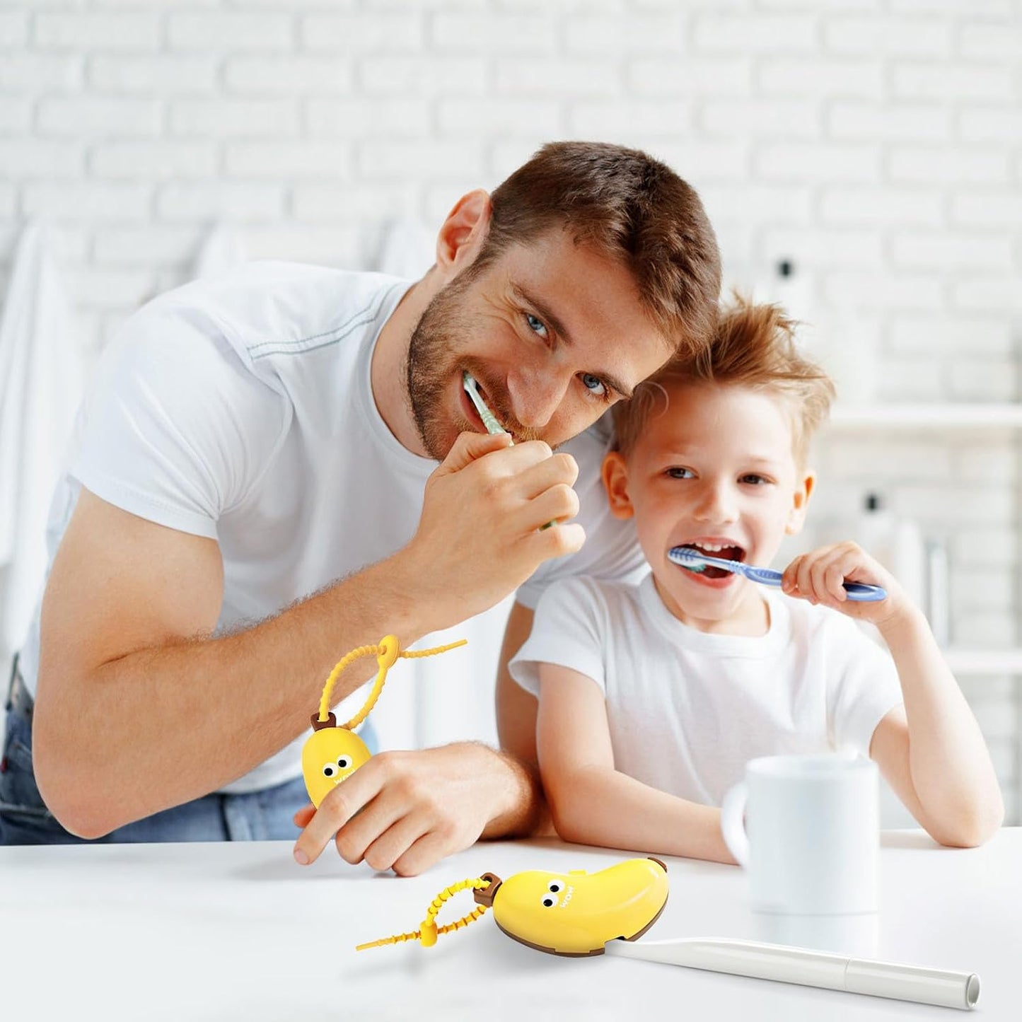 2PCS Banana Toothbrush Case, Portable Toothbrush Holder with Silicone Toothpaste Dispenser, Compact Hanging Travel Organizer for Home Camping Outdoor (Yellow)