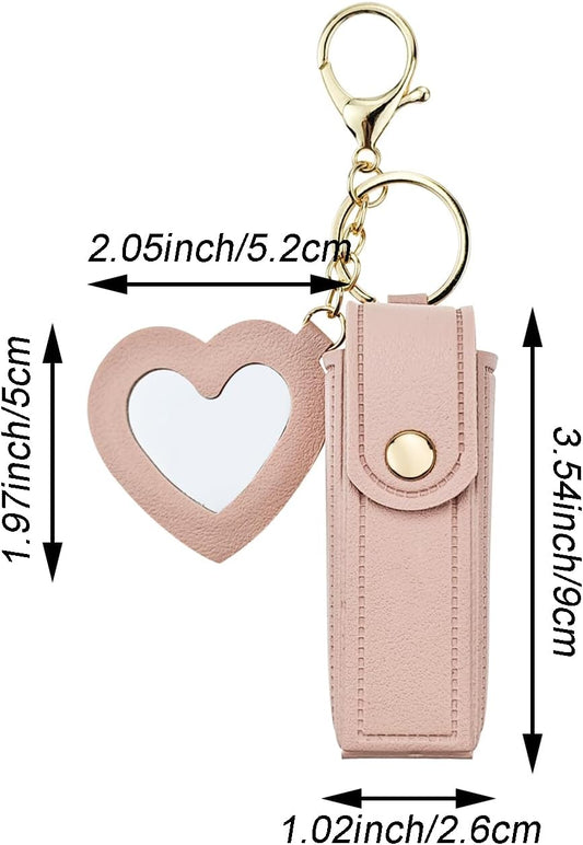 4 PACK PU Leather Potable Chapstick Holder Key Chain Bulk with Mirror, Lipstick Keychain, Lip Balm Organizer Holder Lipstick Travel Makeup Storage Case for Women Girls (Style 1)