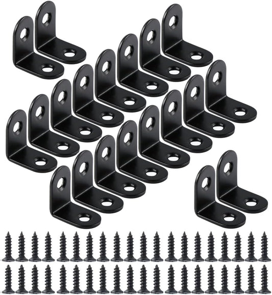 20PCS Small L Brackets, Black Iron Corner Mount Brackets with 40 Screws, Rust Resistant, Easy to Install, Multi-Purpose