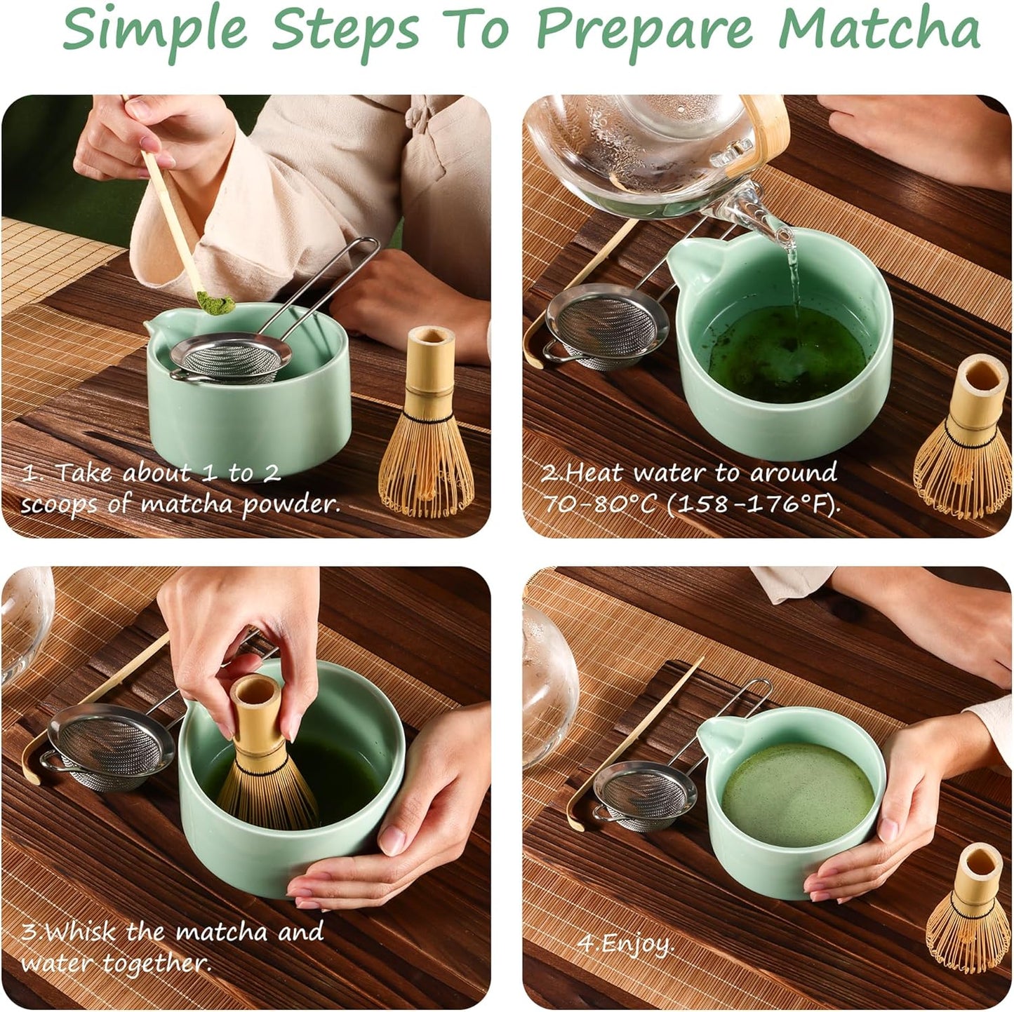 Matcha Whisk Set,Bamboo Matcha Whisk Set,Bamboo Matcha Whisk (Chasen),Traditional Scoop (Chashaku),Stainless Steel Sifter,Japanese Tea Tools for Ceremony