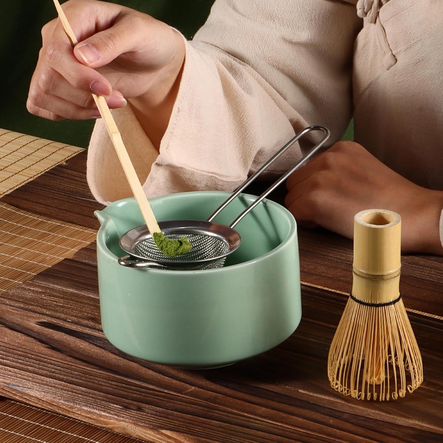 Matcha Whisk Set,Bamboo Matcha Whisk Set,Bamboo Matcha Whisk (Chasen),Traditional Scoop (Chashaku),Stainless Steel Sifter,Japanese Tea Tools for Ceremony
