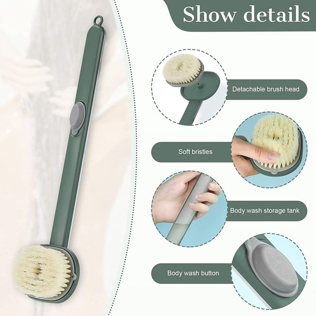 Long Handle Bath Massage Cleaning Brush with Soap Dispenser for Men Women Elderly Body Back Scrubber Storable Wash, Dispenser, (14 inch / 36 cm,Green） Main Image