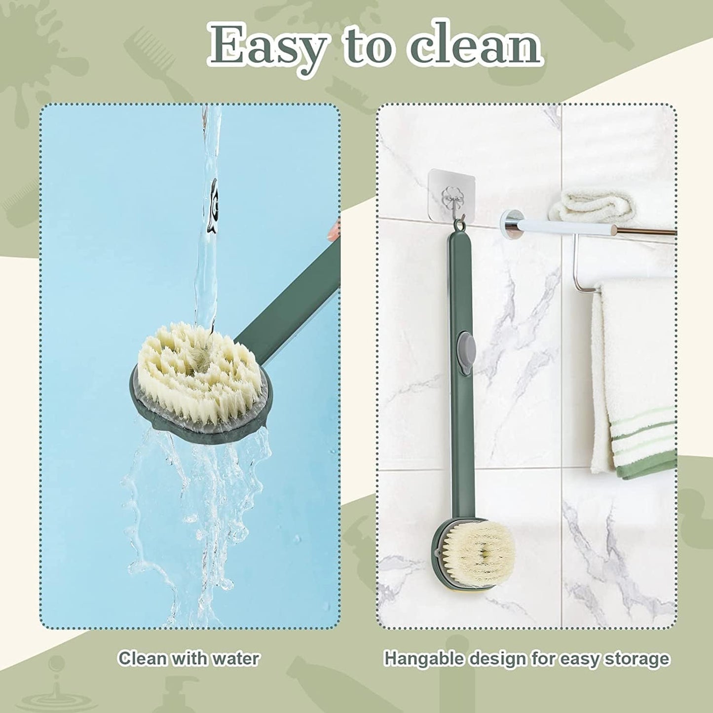 Long Handle Bath Massage Cleaning Brush with Soap Dispenser for Men Women Elderly Body Back Scrubber Storable Wash, Dispenser, (14 inch / 36 cm,Green）