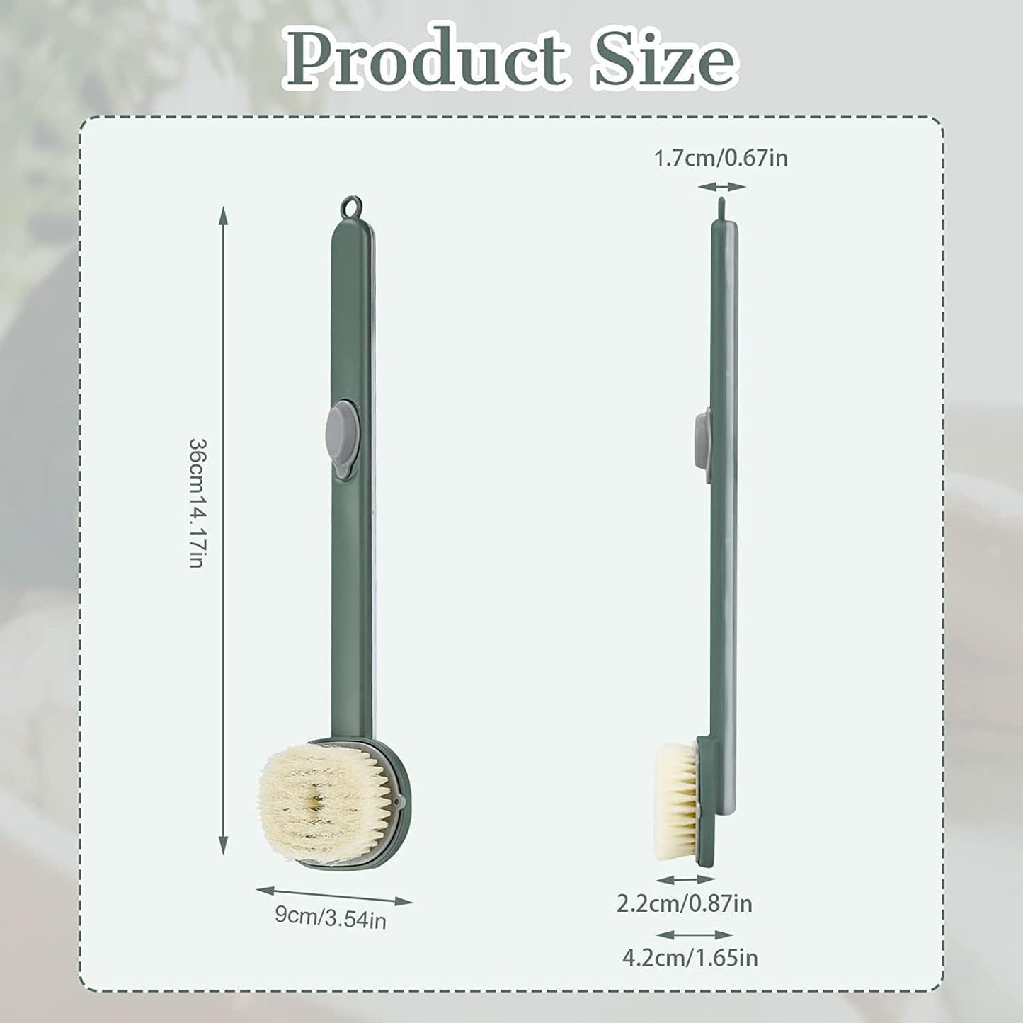 Long Handle Bath Massage Cleaning Brush with Soap Dispenser for Men Women Elderly Body Back Scrubber Storable Wash, Dispenser, (14 inch / 36 cm,Green）