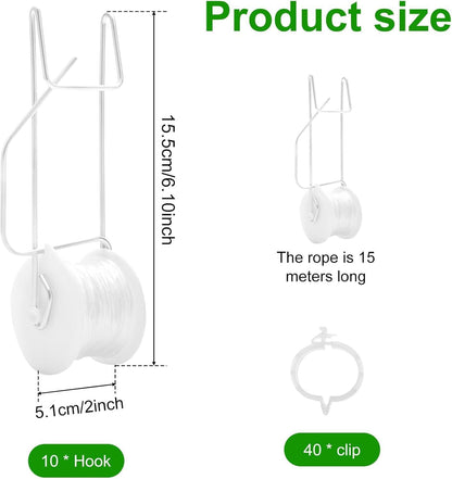 10 PCS Tomato Roller Hooks with String & 40 Clips, 49.2FT Twine Tomato Trellis Kit - Climbing Support for Tomato, Flower Vine, Greenhouse, Home Gardening (10 PCS)