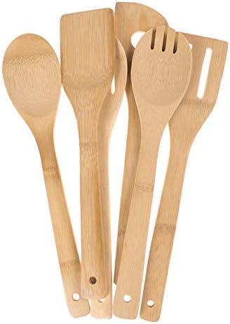 6 Piece Wooden Cooking Utensils, Natural Bamboo Nonstick Kitchen Spoons Spatula Sets for Cooking