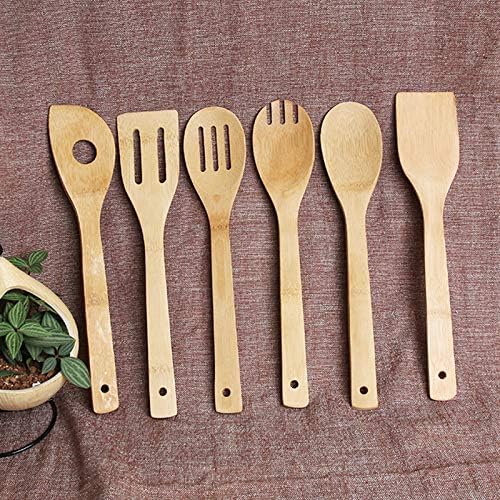 6 Piece Wooden Cooking Utensils, Natural Bamboo Nonstick Kitchen Spoons Spatula Sets for Cooking