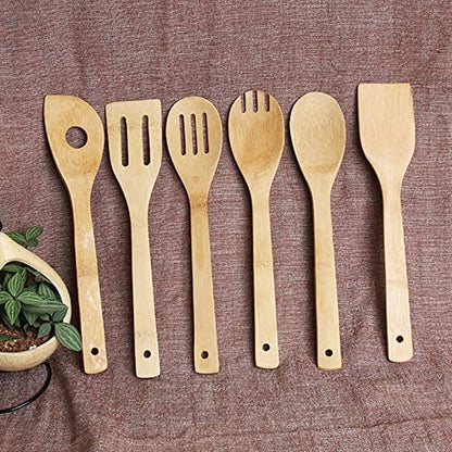 6 Piece Wooden Cooking Utensils, Natural Bamboo Nonstick Kitchen Spoons Spatula Sets for Cooking