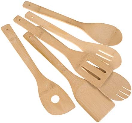 6 Piece Wooden Cooking Utensils, Natural Bamboo Nonstick Kitchen Spoons Spatula Sets for Cooking