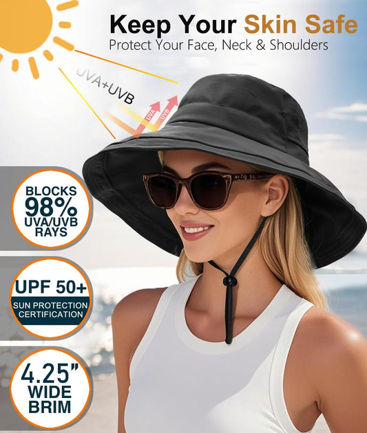 Sun Hats for Women, Wide Brim Waterproof Bucket Hat, Summer Beach Packable Ponytail Hat,UPF 50+ UV Protection