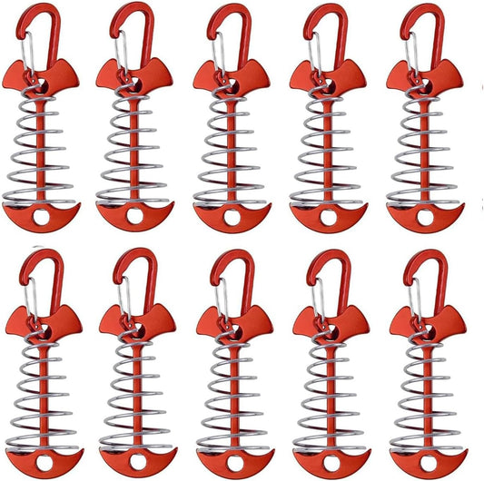 10 Pcs Fishbone Tent Stakes with Carabiners ， Aluminum Alloy & Stainless Steel Windproof Anchors with Carabiners， Deck Spring Tensioner for Camping Canopy, Hiking Gear，Essential for Mountain Climbing