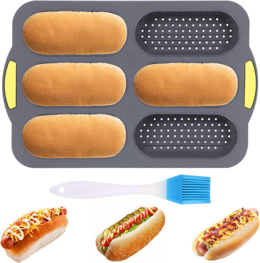Hot Dog Bun Pan, Baguette Sandwich Baking Tray, with Oil Brush, Non-Stick Mold for French Bread, Sandwiches, Microwave, Oven Safe (A)