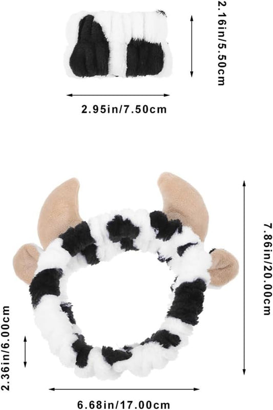Flannel Cow Horn Headband with Wristbands Soft Adjustable Hair Band for Women Perfect for Skincare Bathing