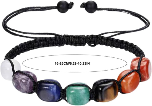7 Chakra Bracelet, Beaded Braided Bracelet, Natural Gemstone 7 Chakra Healing Crystal Bracelet Anxiety Braided Bracelet Yoga Reiki Chakras Stone Beads Healing Crystal Women Adjustable Jewellery, One
