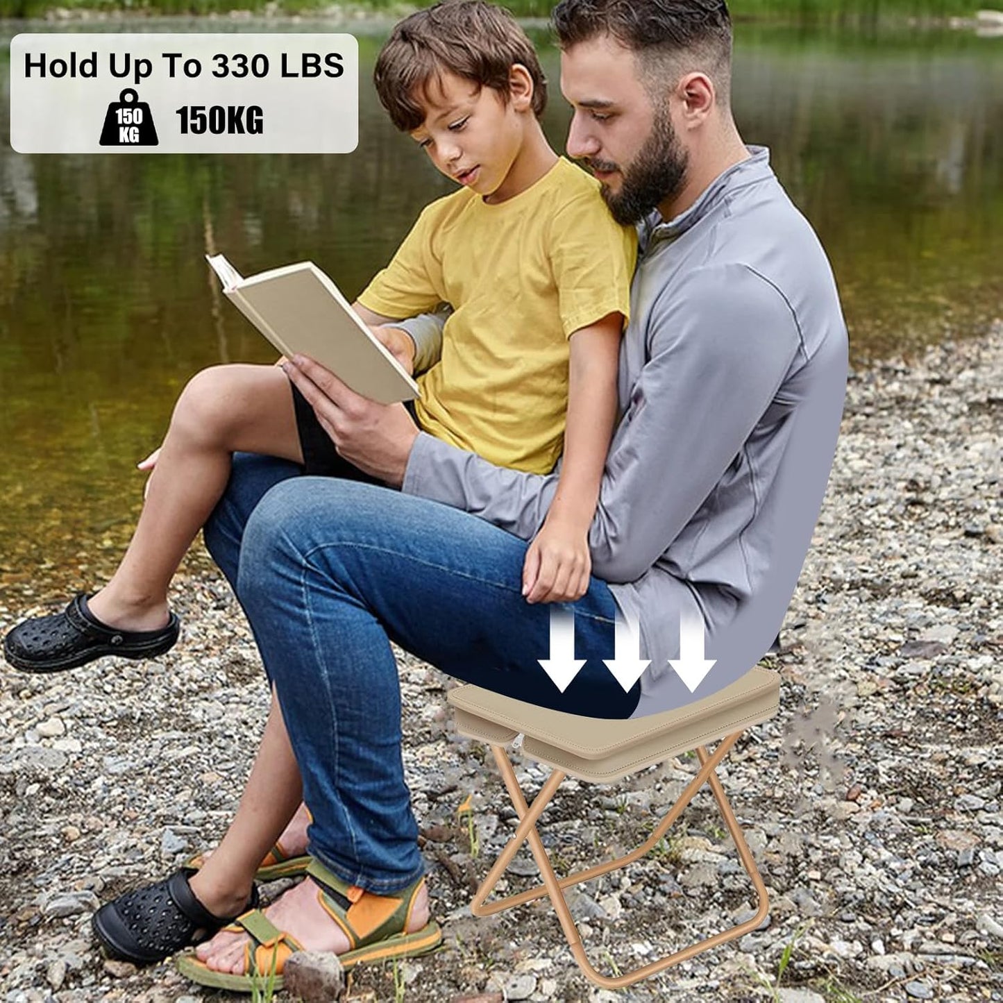 Folding Stool, Portable Camping Stool with Carry Bag, Retractable Foot Rest, Outdoor Folding Chair Stool, Ultralight Beach Fishing Chairs for Outdoors (Cream)