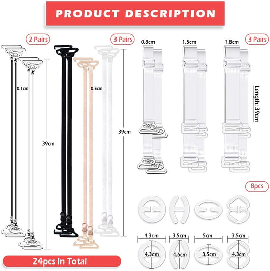24 Pieces Clear Bra Straps, Invisible Adjustable Bra Strap Non-Slip Bra Replacement Shoulder Straps, 8 Pieces Clear Bra Strap Clips+16 Pieces Bra Straps for Women Full Cup Size