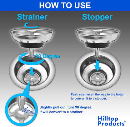 2 Pack - Kitchen Sink Strainer and Stopper Combo Basket Replacement for Standard 3-1/2 inch Drain, Stainless Steel Basket with Plastic Knob, Rubber Stopper Bottom -