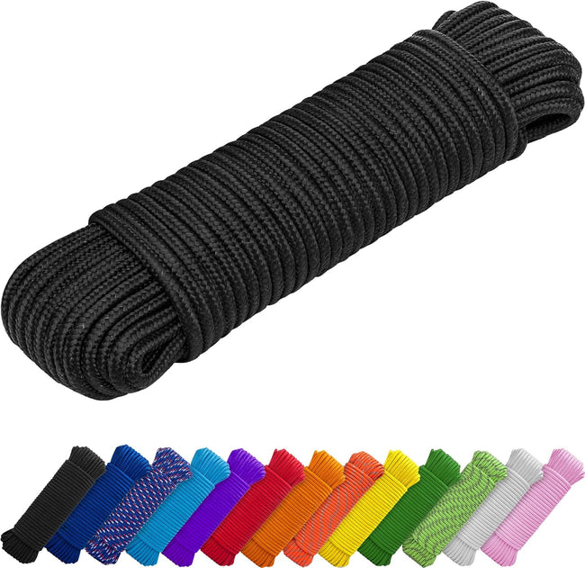 Rope – 1/4” & 3/8” – 90 FT | 150 FT – Strong All-Purpose Utility Rope – Camping, Crafting, Flag Pole, Indoor & Outdoor – Polypropylene Nylon Poly Lightweight Diamond Braided Cord – Black Hover Image
