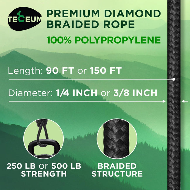 Rope – 1/4” & 3/8” – 90 FT | 150 FT – Strong All-Purpose Utility Rope – Camping, Crafting, Flag Pole, Indoor & Outdoor – Polypropylene Nylon Poly Lightweight Diamond Braided Cord – Black Main Image